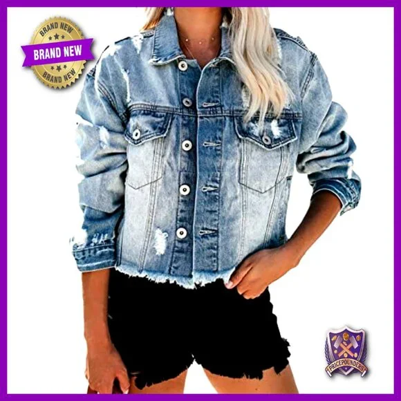 Cropped Distressed Denim Jacket Vintage Frayed Hem Oversized Boyfriend Fit